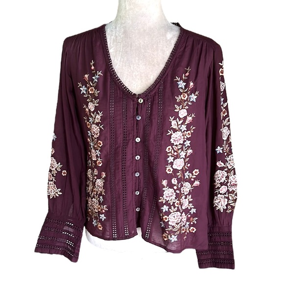 Sundance Eggplant Purple Embroidered Eyelet Puff Sleeve Button Front Top - XS - Picture 3 of 14